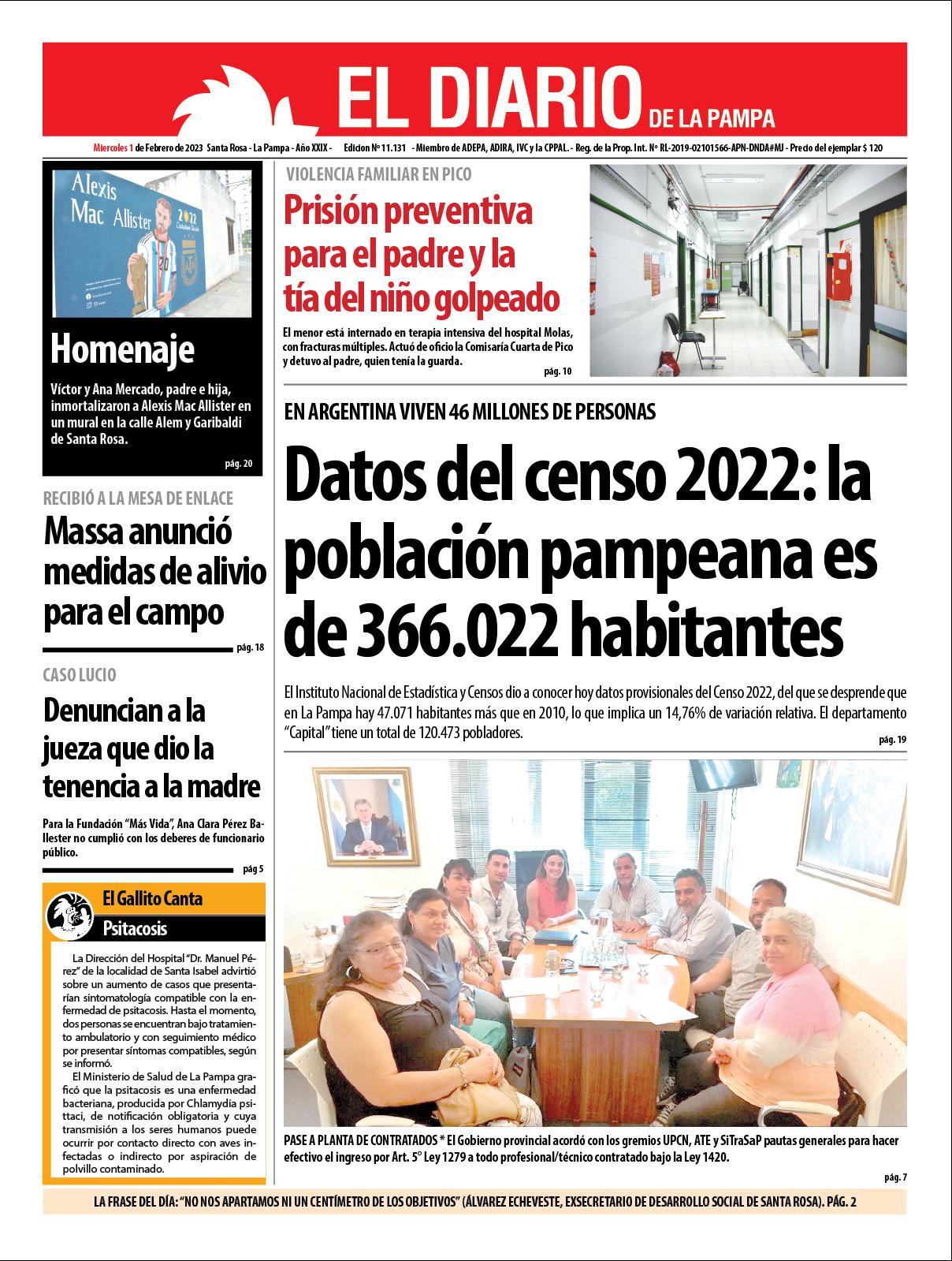 Tapa de El Diario en papel  mieacutercoles 01 de febrero de 2023
